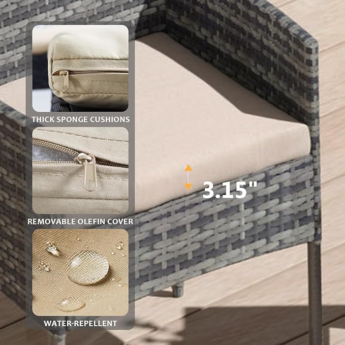 3 Pieces Patio Furniture Set, Outdoor Conversation Sets, Wicker Rattan Chairs for Garden Backyard Balcony Porch Poolside, Set with Glass Table and Soft Cushions (Brown+Beige)