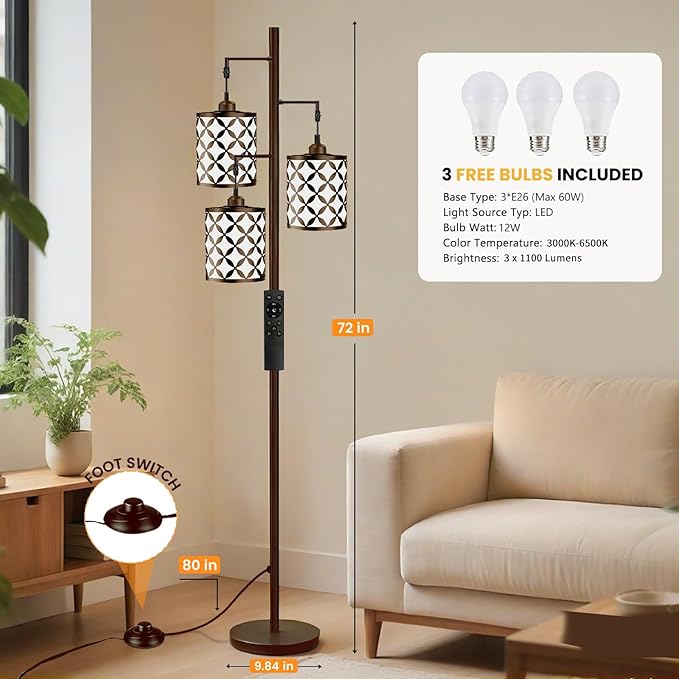 New Upgraded 72" Tall Dimmable Floor Lamp with 3 x 1100LM 12W Bright LED Bulbs, Farmhouse Standing Lamp with Remote Control, Industrial Tree Pole Floor Lamps for Living Room, Bedroom, Office - Brown