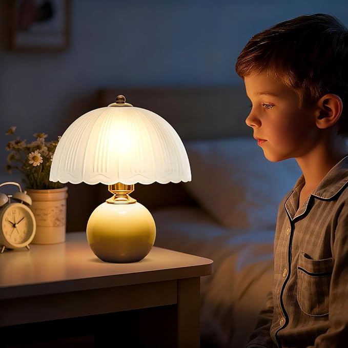 Ceramic Table lamp, Modern Bedside Lamps Mid Century Vintage Desk Lamp Retro Glass Mushroom Traditional Lamp for Nightstand Living Room Bedroom Home Decor (S05YE-1PACK)