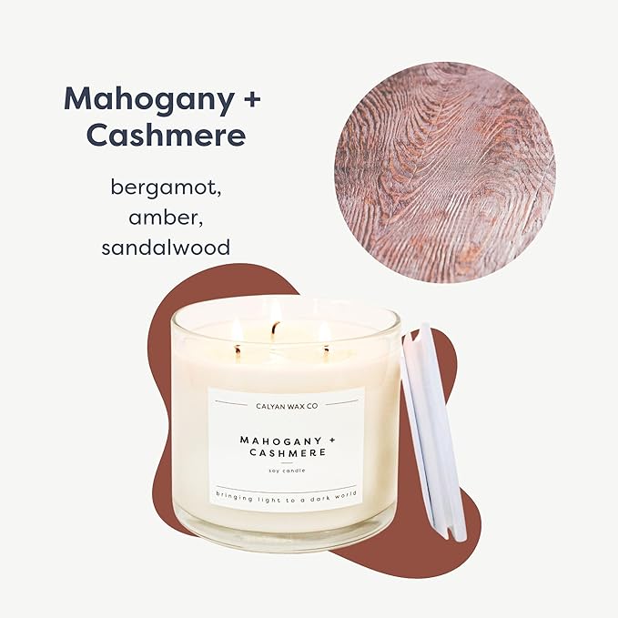 Calyan Wax Co. Mahogany & Cashmere 3 Wick Scented Candle - 43 Hour Burn - Luxury 3 Wick Soy Candles - Non Toxic Soy Wax Candles - Long Lasting Large Glass Jar Candle for Home - 14.9oz