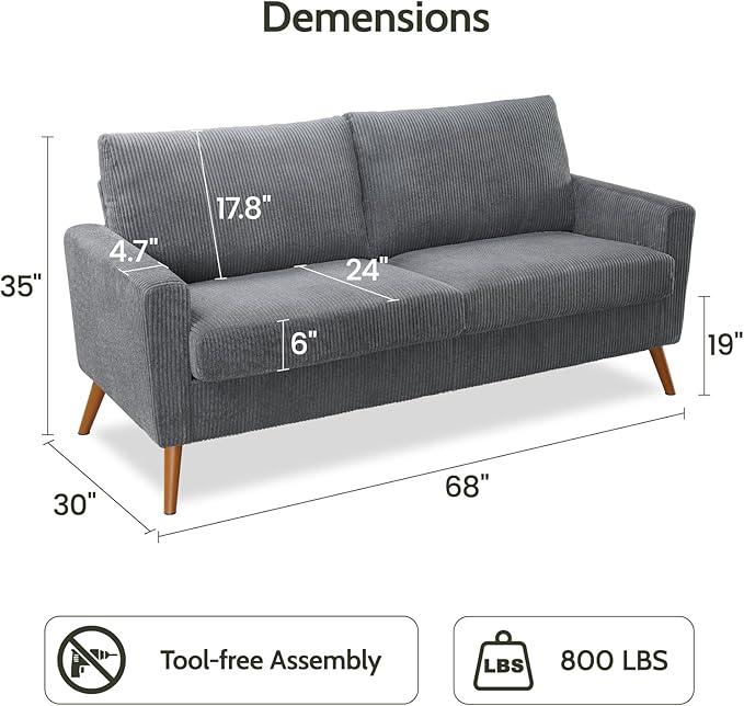 WEUP 68" Loveseat Sofa Grey Corduroy Couch, Mid Century Modern Love Seat Couches for Living Room, Small Loveseat for Bedroom Office, Comfy Sofa with Spring Cushion, Solid Wood, Tool-Free Assembly