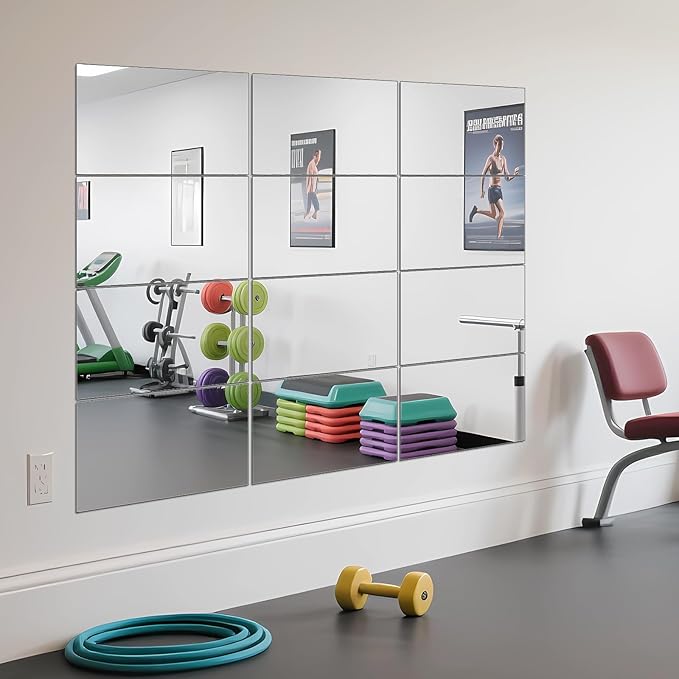 Ruomeng Home Gym Mirror Tiles - 12" x 16" x 12Pcs Frameless Full Length Wall Mirror Tiles Wall Mounted Mirror for Vanity Bedroom, Living Room