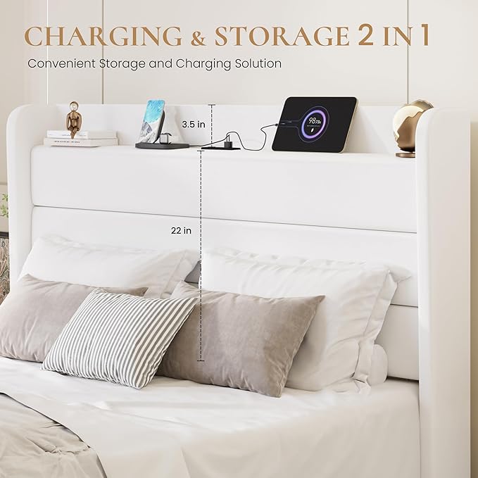 SHA CERLIN Queen Bed Frame with Charging Station, Velvet Upholstered Platform Bed, Wingback Storage Headboard, Type-C & USB Ports, Strong Wooden Slats, No Box Spring Needed, Easy Assembly, White
