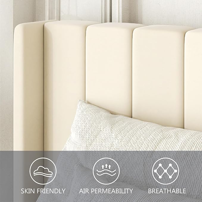 King Size Bed Frame with Wingback Headboard, Upholstered Platform Bed, No Box Spring Needed, Sturdy Wooden Slat Support, Easy Assembly, Cream