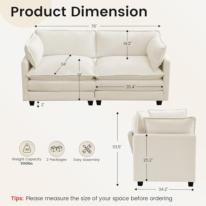 ROWHY Modular Loveseat Sectional Sofa, 78" Upholstered Loveseat, 2 Deep Seat Sofa Couch with 2 Throw Pillows for Small Space, Modern Comfy Cloud Couch for Living Room, Chenille, Beige