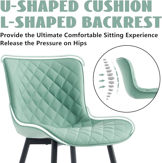 YOUTASTE Light Green Dining Chairs Set of 2 Mid Century Modern PU Leather Diamond Upholstered Accent Guest Dinner Chair with Back Metal Legs for Kitchen Living Reception Waiting Room