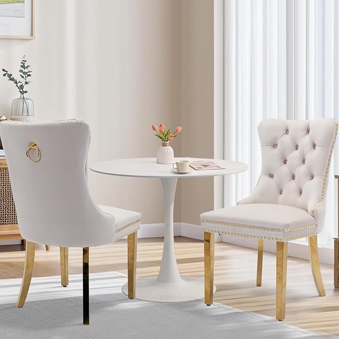 SoarFlash Kitchen Table and Chairs for 2, 31.5" Dining Table Set for 2 with Velvet Upholstered Chairs, 3 Piece Round Kitchen Table Set, Dining Room Table Set for Small Space, Apartment, Beige/White