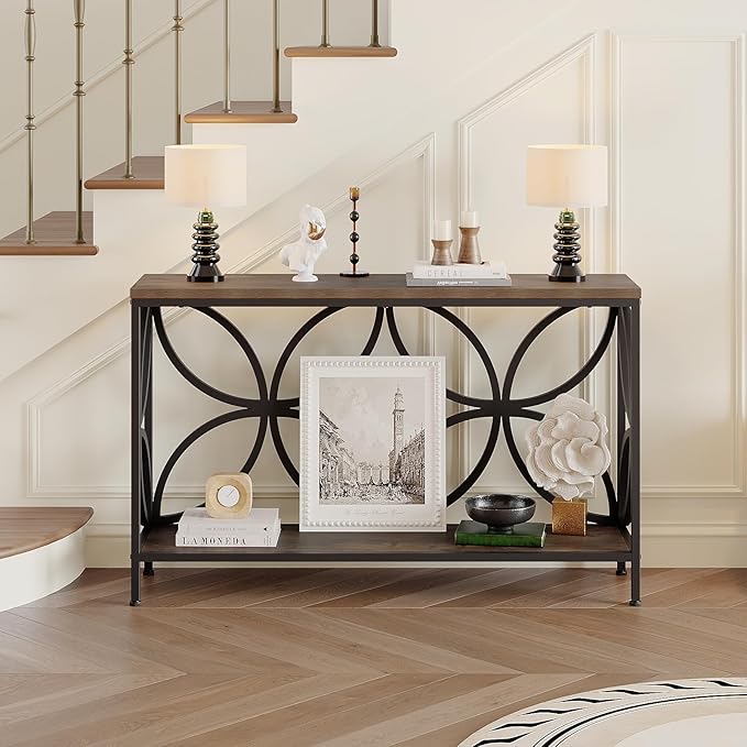 GiftGo Narrow Sofa Table 47.2 Inch, Industrial Sofa Table Behind Couch, Vintage Entry Console Table with Storage for Entryway, Living Room, Foyer, Elegant Design (Rustic Brown, 47.2)