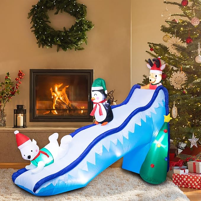 Bshine Christmas Inflatable Outdoor Decorations - 9.5 FT Christmas Inflatable Fun Slide Scene with Penguin Reindeer Polar Bear Blow Up Xmas Decorations with LED Lights for Lawn Garden Decor