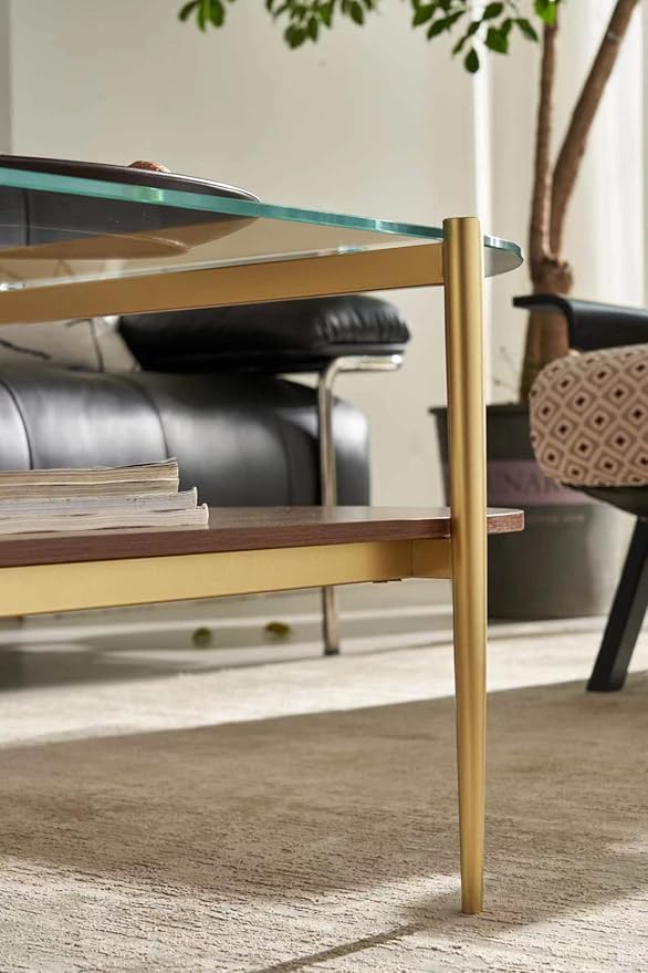 Shrine Oval Coffee Table, Mid-Century Modern Design, 2-Tier Structure, Clear Glass Top and Walnut MDF Shelf, 47" D x 21" W x 17" H, Sleek Conical Metal Legs with Gold Finish