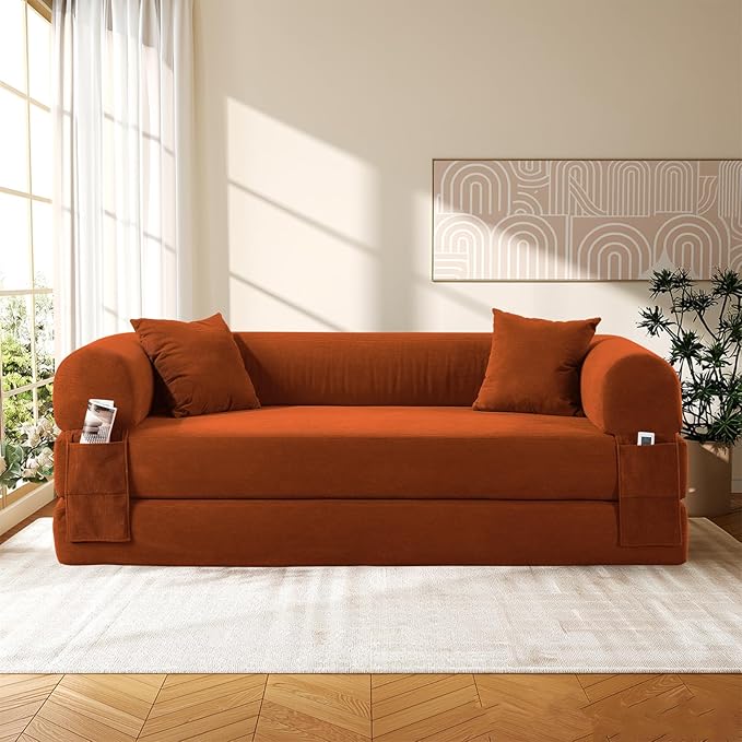 Convertible Folding Sofa Bed,80" Pull Out Couch with Pillows & Storage Pocket,Modular Futon Bed Corduroy Queen Sleeper Sofa in a Box,Compression Boneless Couch for Living Room,Orange