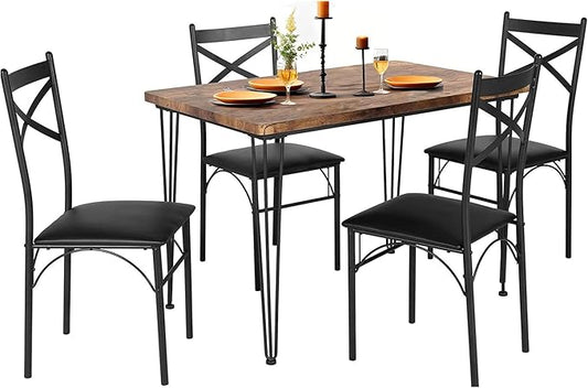 VECELO 5-Piece Dining Table Set for Home Kitchen Small Space Breakfast Nook, 4 Faux Leather Metal Frame Chairs, Retro Brown,Set for 4