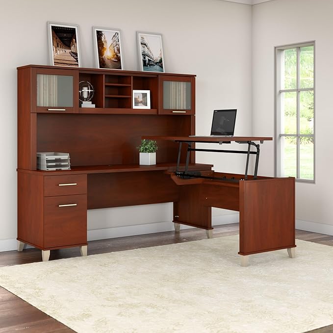 Bush Furniture Somerset 72W 3 Position Sit to Stand L Shaped Desk with Hutch in Hansen Cherry | Adjustable Height Table for Home Office