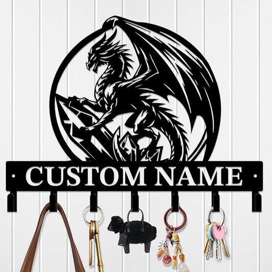 Customized Name Key Hook - Evil Dragon Design Keys Holder Decor Black Iron Metal Wall Organizer for Home & Office (Multiple Sizes) (Style B)