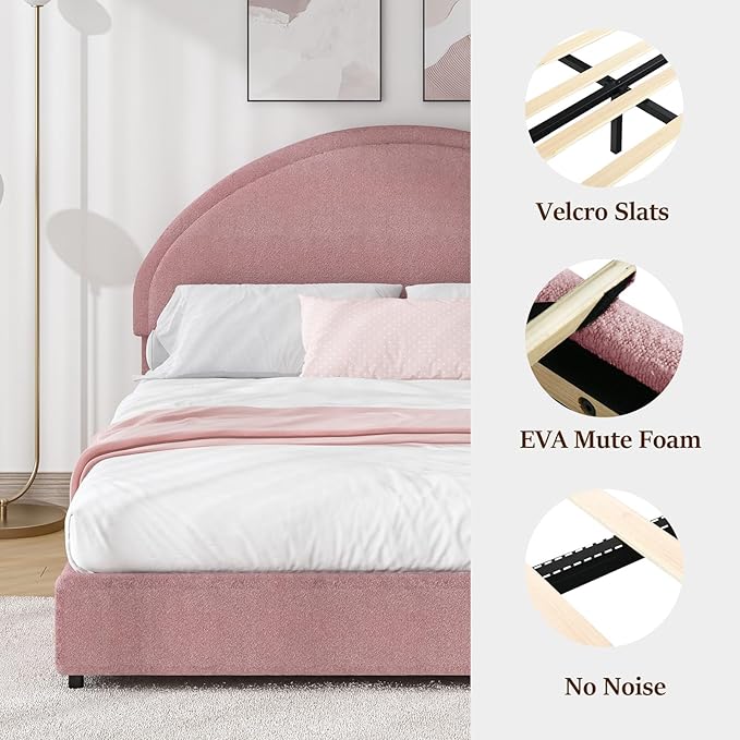 King Size Bed Frame, Boucle Upholstered Platform Bed with Headboard, Soft Bed Frame with Round Conner, No Box Spring Required, Easy Assembly, Pink