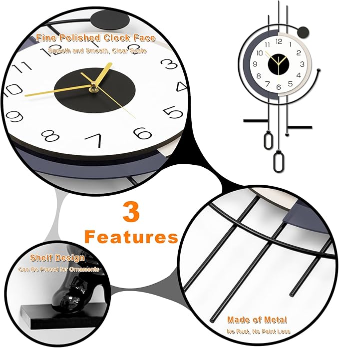 Modern Wall Clock - Large Decorative Metal Wall Clock with Pendulum Silent Non-Ticking Battery Operated Wall Decor for Living Room Office Bedroom Kitchen Hunting Household (16.5 * 34.7in)