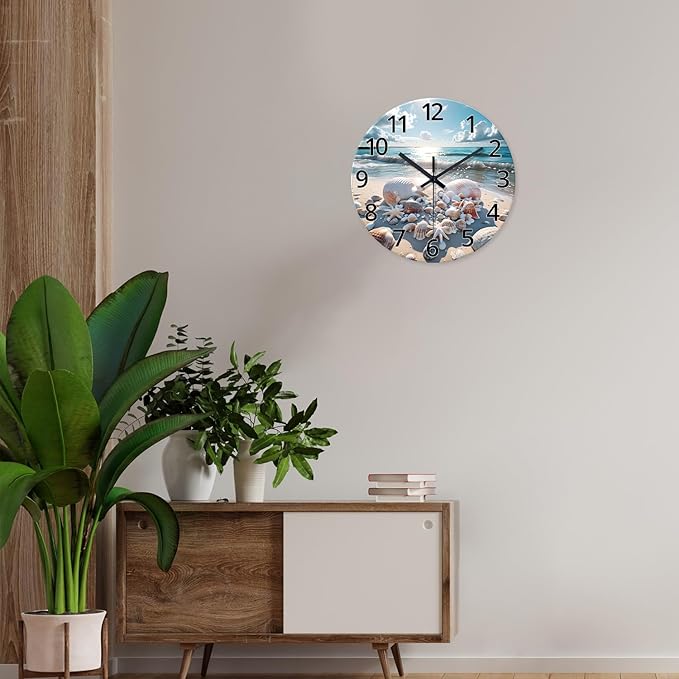 XNM 16 Inch Large Wall Clocks Battery Operated Coastal Shell Glass Clocks for Living Room Decor Blue Silent Wall Clock No Ticking