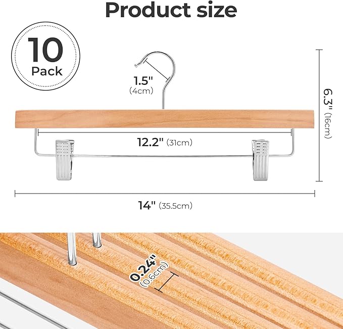 HOUSE DAY Wooden Pants Hangers with Clips, Solid Lotus Deluxe Wood Skirt Hangers, Heavy Duty & Anti-Rust Hook for Wrinkle-Free Slacks, Skirts, Jeans, Space Saving for Closet 10 Pack (Natural)