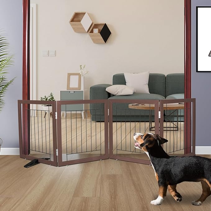 ZJSF Freestanding Dog Gate Indoor, Foldable Dog Fence for Doorways,Hallways or Stairs, Sturdy Wood Extra Wide Pet Gate with Support Feet,Brown,24 "Height-4 Panels