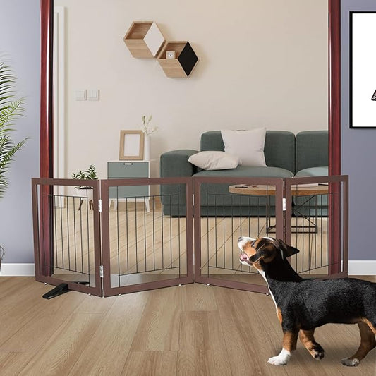 ZJSF Freestanding Dog Gate Indoor, Foldable Dog Fence for Doorways,Hallways or Stairs, Sturdy Wood Extra Wide Pet Gate with Support Feet,Brown,24 "Height-4 Panels