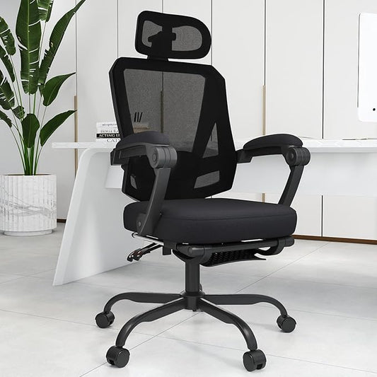 Ergonomic Office Chair with Footrest, High Back Swivel Mesh Desk Chair, Big and Tall Rolling Computer Chair with Headrest, Lumbar Support, 3-Level Tilt Backrest for Home, Bedroom, Work