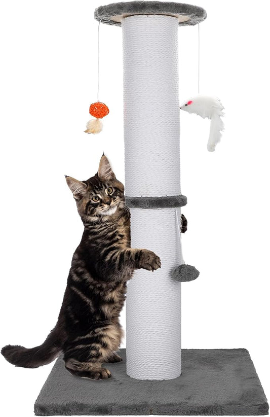 36.5 Inch Cat Scratching Post Heavy Duty Cat Scratch Post Handmade Cotton Rope with Hanging Toys for Ultimate Cat Fun(Grey)