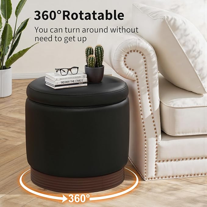 Round Storage Ottoman,Swivel Vanity Stool-Leather Foot Rest,Upholstered Footstool Pouf with Sturdy Acacia Wood Frame(500 lbs),Small Coffee Table & Hidden Storage Ottoman for Living Room