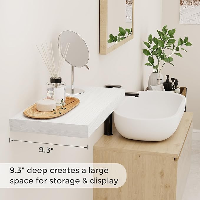 Fun Memories Floating Shelves 16 Inch Long, Wall-Mounted Bathroom Shelves Set of 2, 9.3 Inch Deep Shelf for Home Storage & Display, Wooden Deep Wall Shelves for Bedroom, Living Room, Kitchen, White