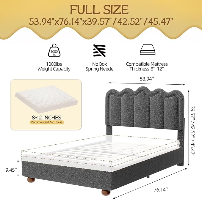 Full Size Bed Frame with Headboard, Boucle Bed Frame, Soft Upholstered Platform Cloud Bedframe with Footboard, Solid Wood Legs, Solid Wooden Slats Support, No Box Spring Required, Easy Assembly, Grey