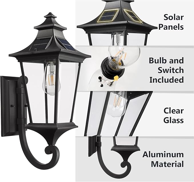 Emliviar Solar Exterior Front Porch Light with Remote Control, 3 Lighting Modes Waterproof Solar Wall Lantern, Auto On/Off Black Outside Light with Clear Glass, 500181-SL BK