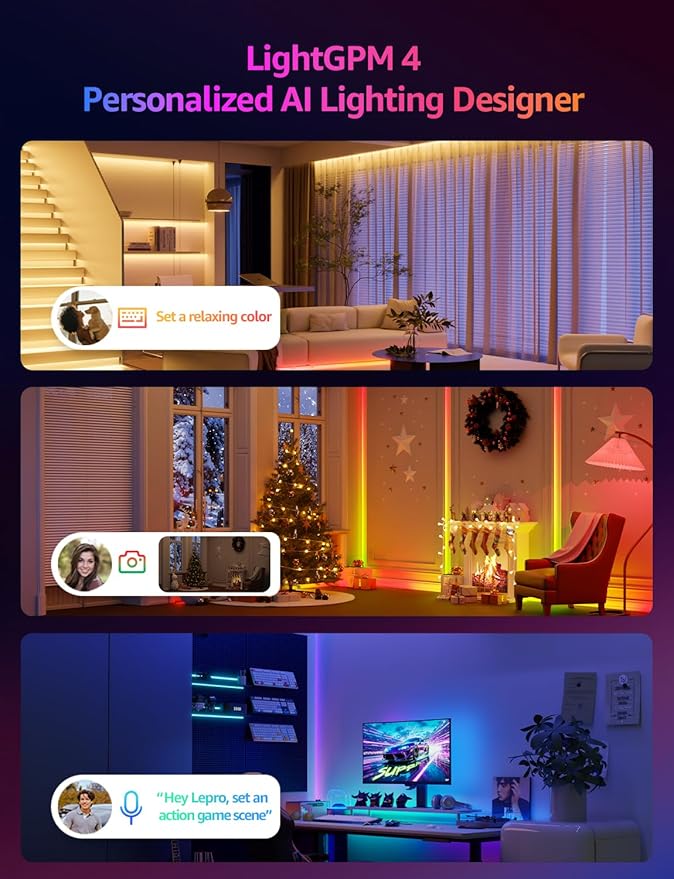 Lepro S1 AI LED Strip Lights for Christmas Decorations, 50ft Smart RGB Light Strips with IC and Rainbow Chasing Effects, Personalized Al Lighting Designer, No Remote, 2.4GHz Wi-Fi & Bluetooth