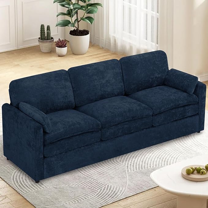 89” Chenille Sofa w/Arm Pillows, Upholstered 3-Seater Sofa w/Comfortable Back Cushions, Modern 3 Seats Couch w/High-Density Foam for Living Room, Apartment, Office, Blue