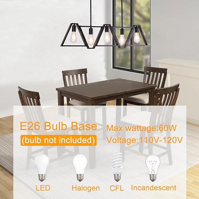 Dining Room Light Fixture, Kitchen Island Lighting with Adjustable Rods, Modern Chandelier Pendant Lamp Over Table (Black, 5 Light)