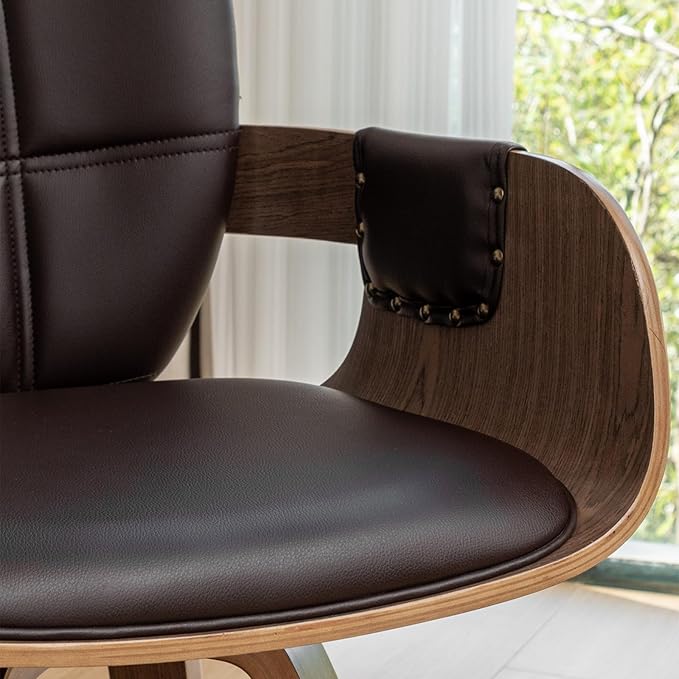 Set of 1 Mid Century Modern Chair - Swivel Dining Chair with Arms and Curved Back, Faux Leather Reception Room Chairs, Ideal for Kitchen/Living Room/Reception/Desk (Coffee Brown)