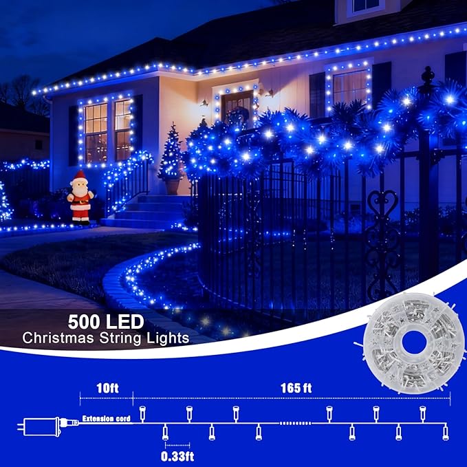 QITONG Blue and White Christmas Lights Outdoor Waterproof, 165ft 500 LED String Light Plug-in, Clear Wire Indoor Christmas Tree Lights with 8 Modes