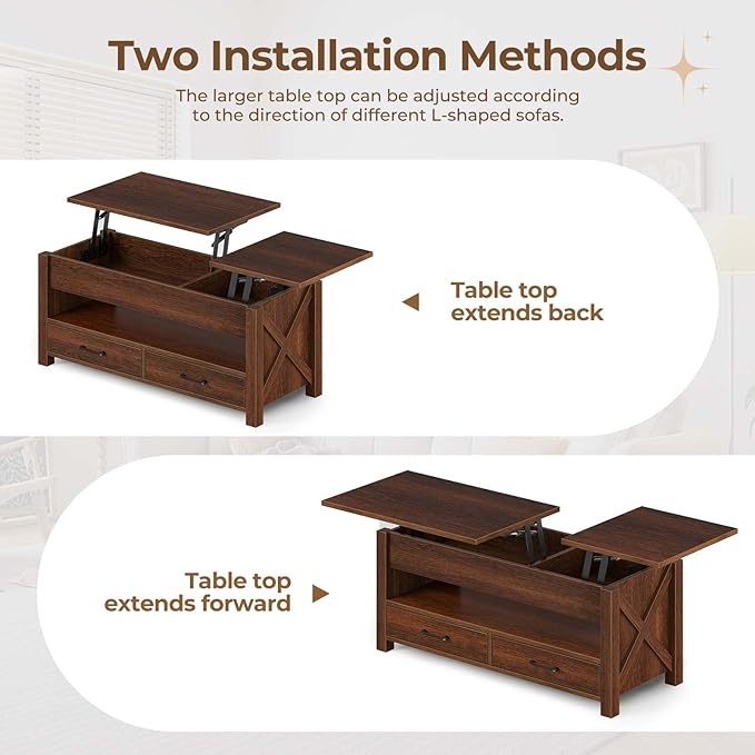 Seventable Coffee Table, 39.3" Lift Top Coffee Table with 2 Storage Drawers and Hidden Compartment, Farmhouse Center Table with Wooden Lift Tabletop, for Living Room,Espresso