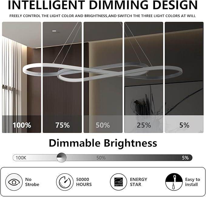 Modern LED Chandelier Dining Room Pendant Light Dimmable Creative Chandelier Remote Control Color/Brightness 3000-6000K Adjustable Hanging Lamp for Bedroom Living Room Kitchen (Silver)