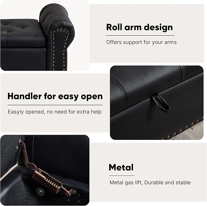 Storage Bench for Bedroom, 51" Upholstered End of Bed Bench, Faux Leather Queen Size Benches with Rolled Arms, Tufted Button Storage Long Ottoman, Living Room, Entryway, Black