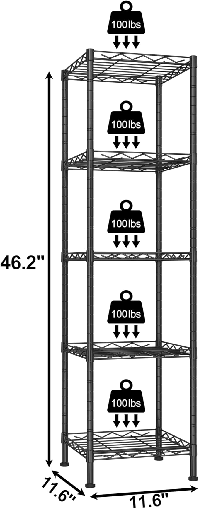 HOMEFORT Storage Shelves, 5-Wire Shelving, Metal Shelving Unit Adjustable Storage Shelves Rack for Kitchen, Pantry, Bathroom, Black, 11.4" W x 11.4" D x 46" H