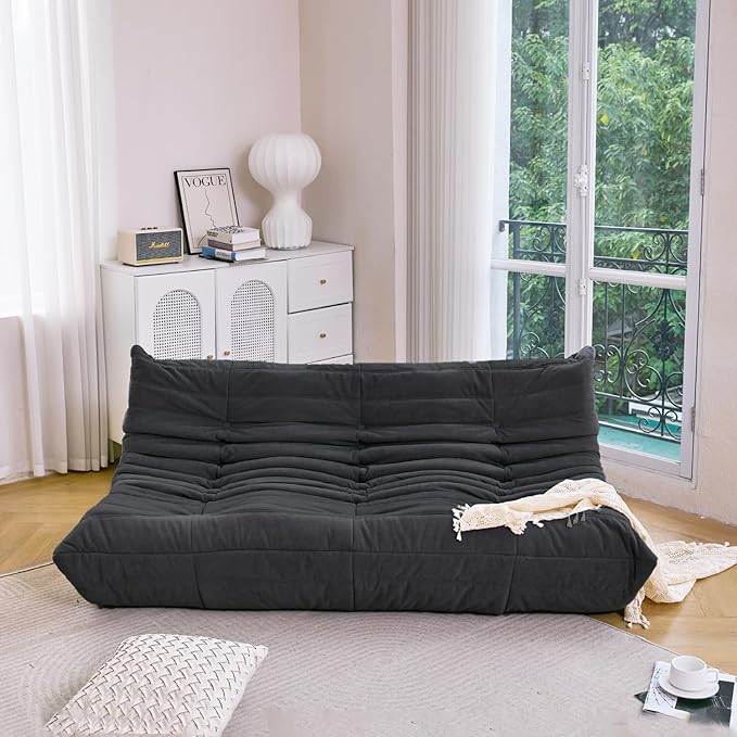 N&V Fireside Chair, Mid Century Armless Floor Sofa, Soft Premium Microfiber Floor Lounge Chair, Foam Sofa Accent Chair for Living Room Bedroom and Office (Black, Three Seater)