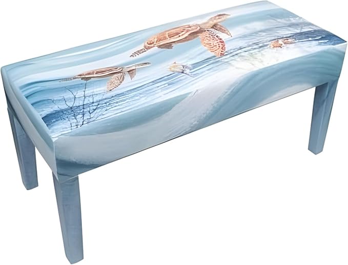 Indoor Bench Coastal Decor Wood Bench Entryway, Bedroom, Bathroom, Living Room, Sun Room Beach Theme Faux Leather Top (Turtle Waves)