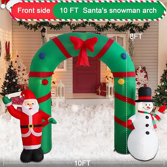 10ft Christmas Inflatable Outdoor Decoration Inflatable Yard Decoration Inflatable Santa Claus and Snowman Arch Decoration Built-in LED Lights for Christmas Holiday Party, Garden Decoration