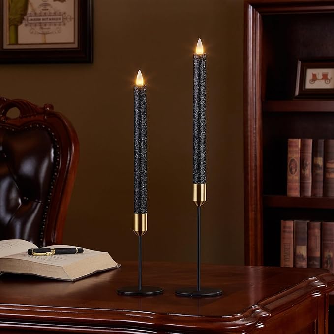 Flameless Taper Candles Flickering with Remote and Timer, 3D Moving Flame Taper Candle Battery Operated to 400 Hours, 9 Inch Window Candles, (Glitter Black)