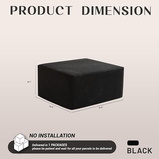 Cozy Square Ottoman, Comfortable Seating, No Assembly Required, Black