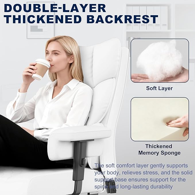 Misolant Big and Tall Office Chair with Footrest, High Back Executive Desk Chair with Adjustable Lift Armrest, 155°Recline，Lumbar Support Pillow, Faux Leather Gaming Chairs for Home or Office White