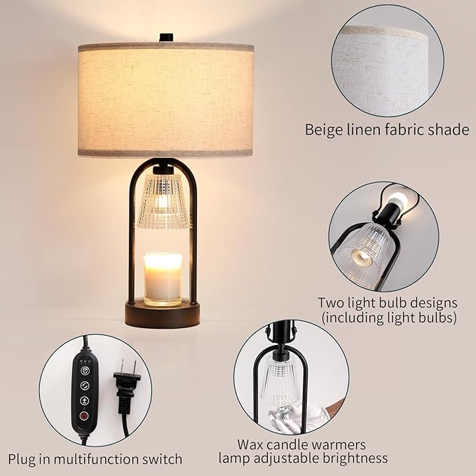 Plug in Black Candle Warmer Lamp with Timer Dimmable, Wax Melts Candle Warmer with Beige Fabric Shade Lamp, Christmas Birthday Gifts for Mom Women Sister, House Warming Gifts Include 3 Bulb
