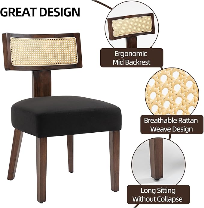 Upholstered Rattan Dining Chairs Set of 2, Mid-Century Modern Fabric Dining Room Chairs with Brown Hardwood Frame, Curved Backrest Kitchen Armless Accent Chairs for Living Room (Black)