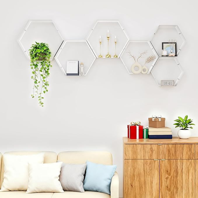Gonice White Metal Hexagon Floating Shelves Set of 6 Honeycomb Wall Shelves Home Decor Shelf for Living Room Bedroom Office