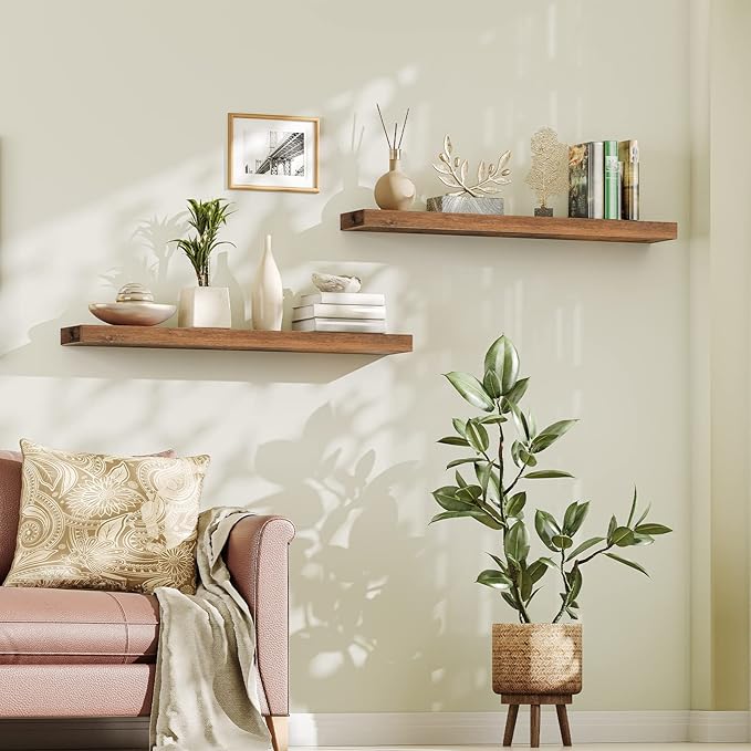 HOOBRO Floating Shelves for Wall, Wall Mounted Shelf Set of 2, 47.2" Hanging Shelf with Invisible Brackets, for Wall in Bathroom, Bedroom, Toilet, Kitchen, Living Room, Rustic Brown BF120BJP201