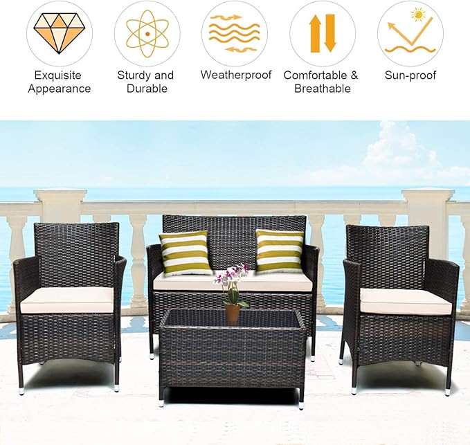 Tangkula 8 PCS Patio Rattan Conversation Set, Outdoor Wicker Furniture Set with Tempered Glass Coffee Table &Thick Cushion, Rattan Chair Wicker Set for Garden, Lawn, Poolside and Backyard (2, Brown)
